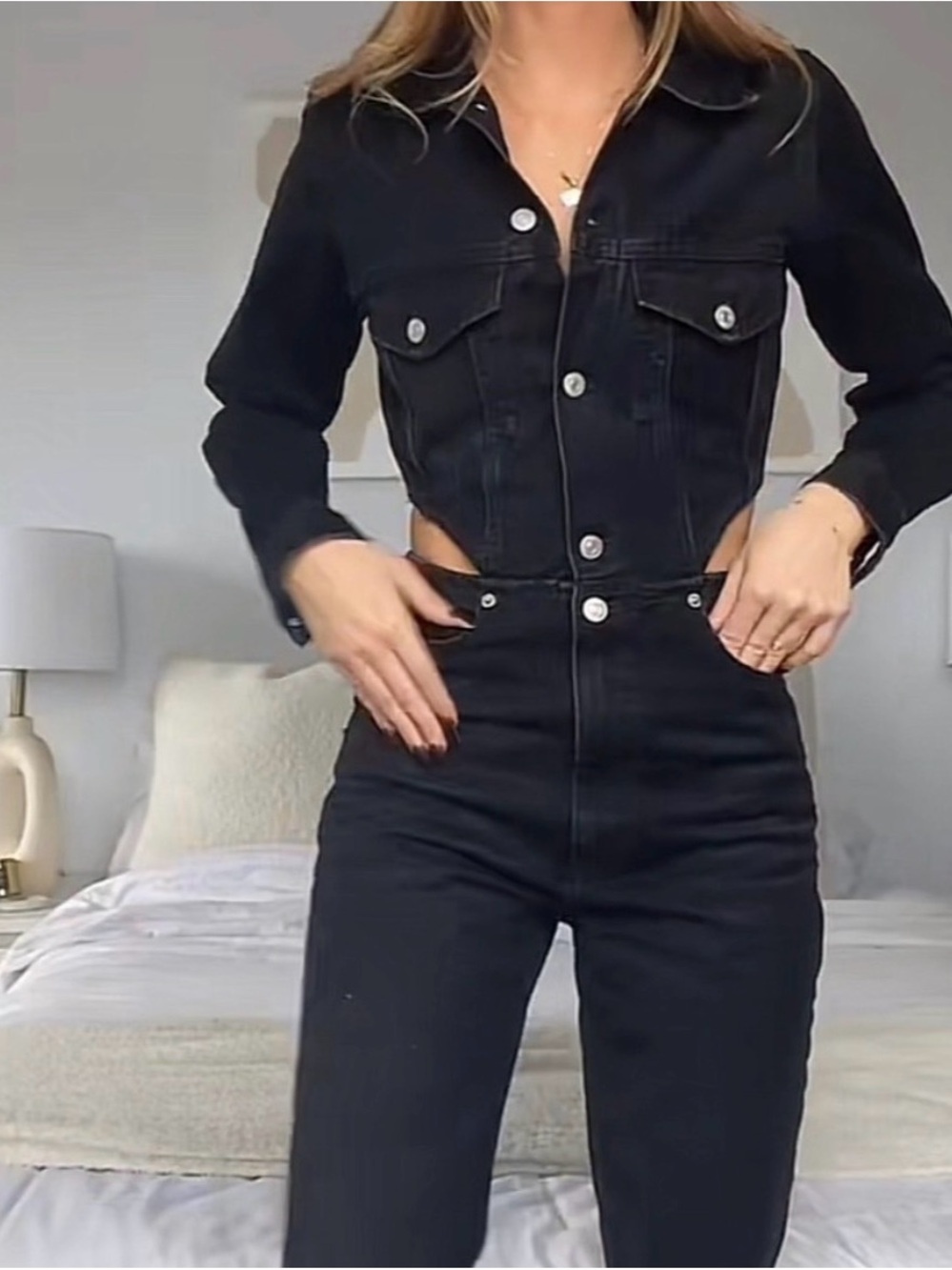 ZARA High-Rise Black Straight Leg Jeans Jumpsuit w Cutouts NWT Sz L